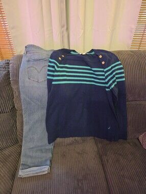 Levi's Jeans And Nautica Navy Sweater with Teal Stripes and Button Detail SizeXL
